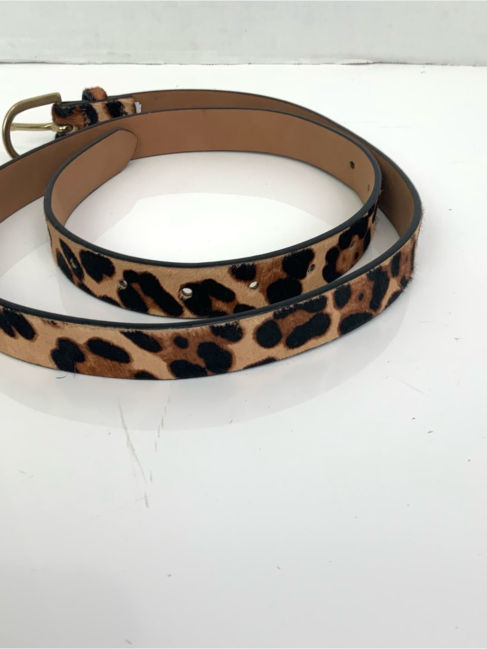 J. Crew Women’s Sz M/L Calf Hair Leopard Print 1” Belt Gold Tone Buckle #AH687 - Picture 4 of 8